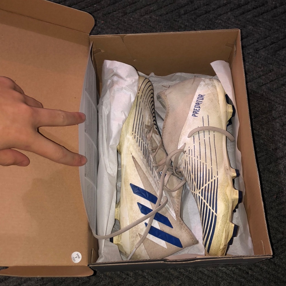 White and Blue Adidas Soccer Cleats